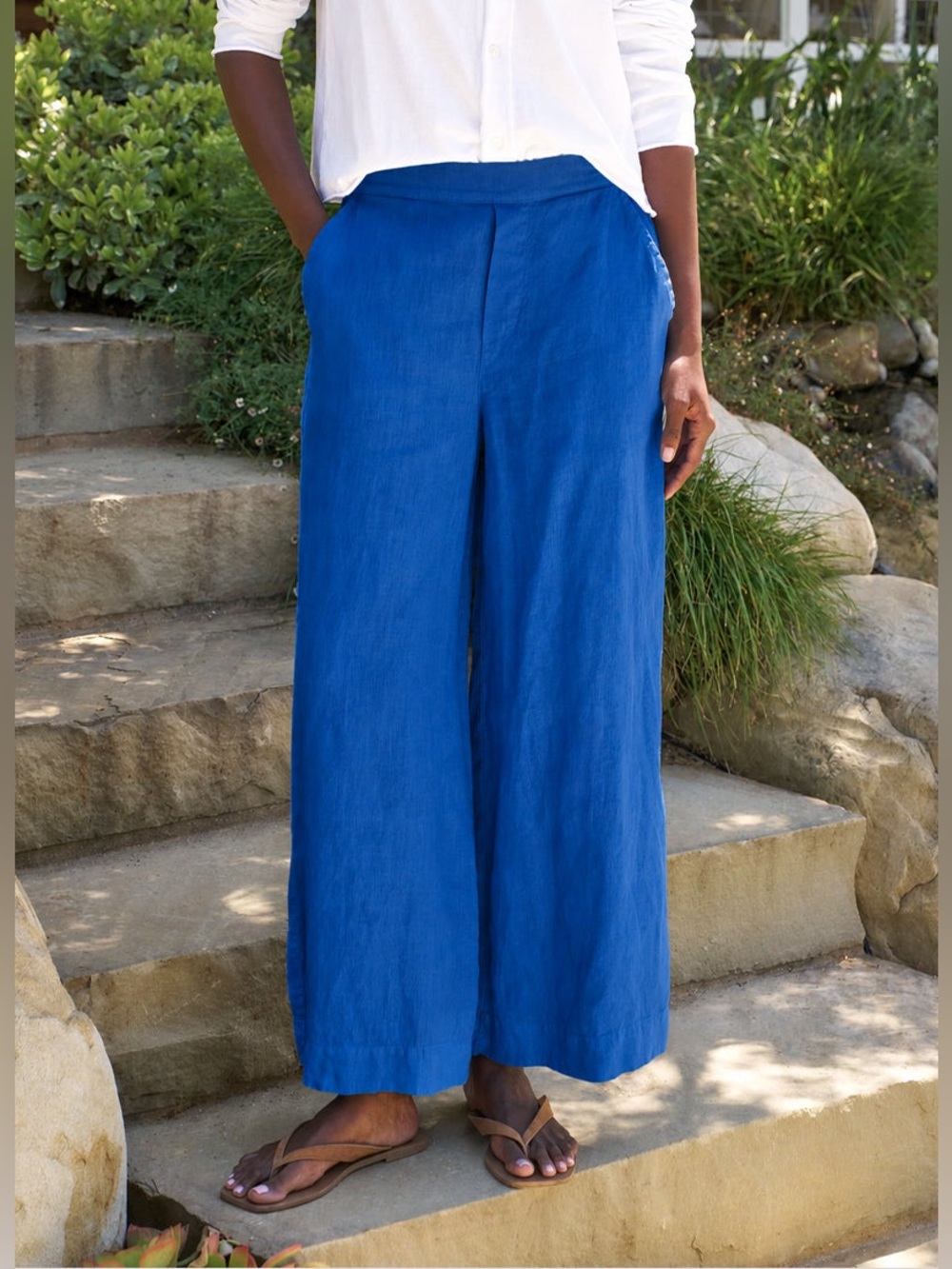 Frank & Eileen Maisie Pull-On Wide Leg Linen Pant in Cobalt Blue, Size XS